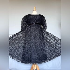 VTG 1970s Inky Black Lace Cocktail Dress w/ Ribbon Belt Plus Size - 22 1/2